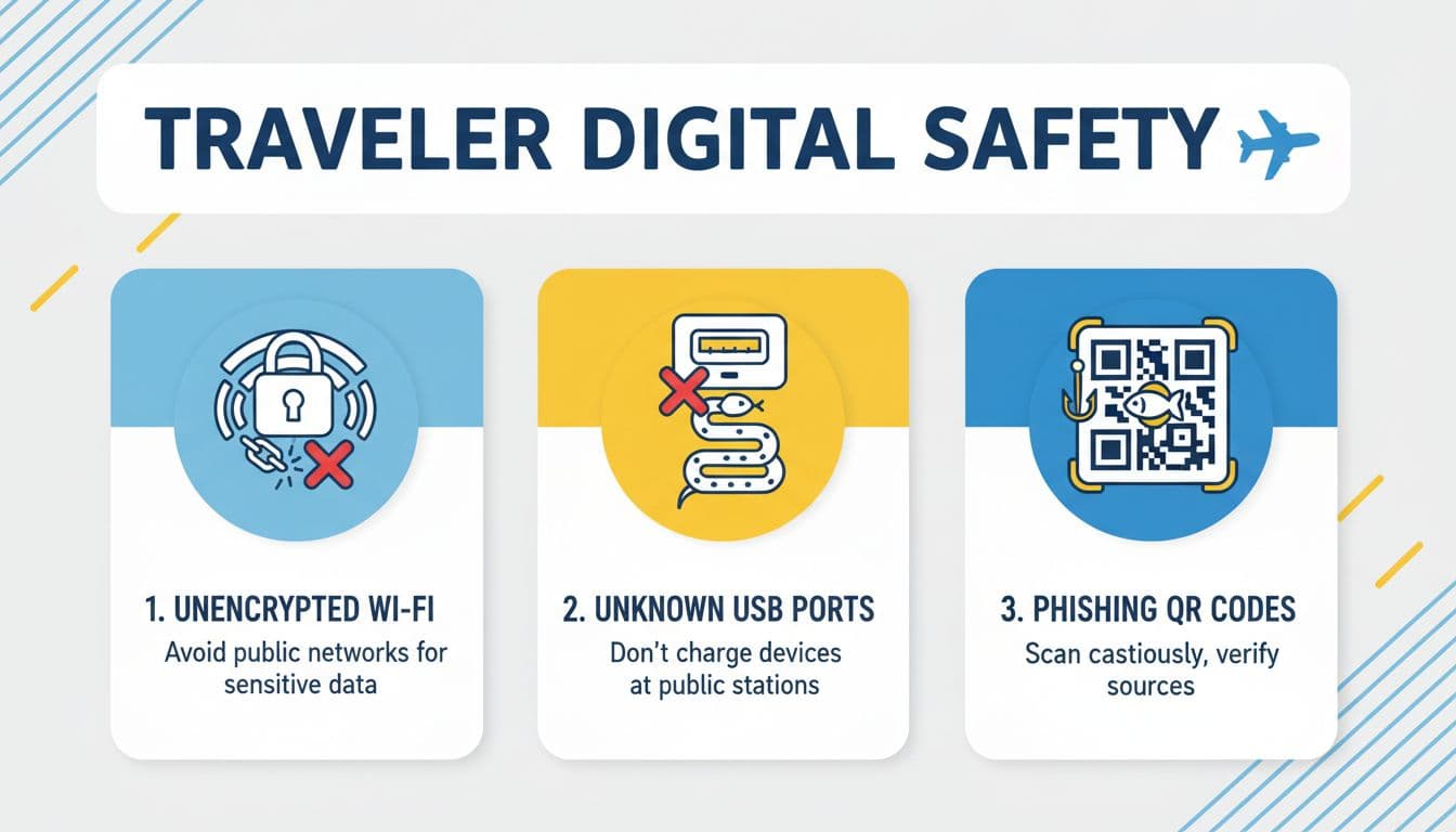 An infographic design with large, clear icons illustrating dangers like unencrypted WiFi, USB ports, and phishing QR codes, organized into easily scannable tips for travelers. Clean, modern design with blue and yellow accents.