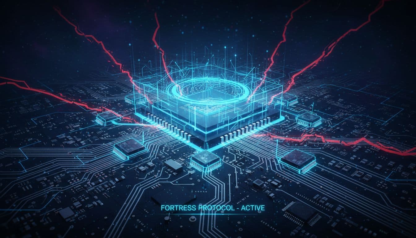 A complex digital circuit board with glowing blue overlay elements representing security software defending a central processor against digital intrusion, on a dark serious background in high-tech clean illustration style.