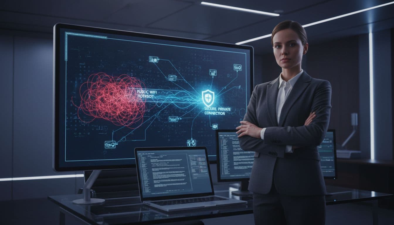 A digital security expert stands confidently in front of a laptop showing a network schematic, emphasizing the need for a secure, private internet connection over chaotic public WiFi hotspots. The mood is serious and professional in a modern, low-lit office.