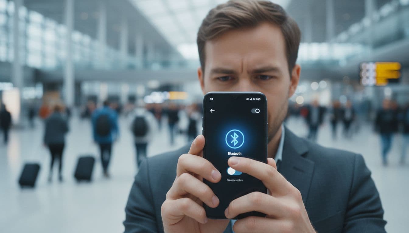 A person in a crowded modern public space quickly toggles off the Bluetooth symbol on their smartphone screen, showing a focus on disconnection and privacy. The background is slightly blurred with many people, creating a sense of needing to hide from ambient digital noise.