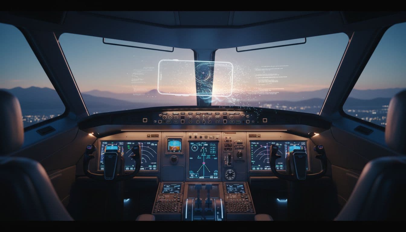A modern smartphone screen dissolving into thin air while floating above a stylized, illuminated airplane cockpit dashboard at twilight, signifying a shift to invisible technology and effortless travel connectivity.