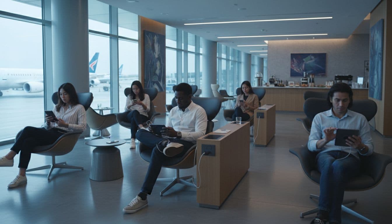 A group of diverse people at a high-end international airport lounge sitting comfortably, each focused on their high-end smartphone or tablet, bathed in soft, cool overhead lighting, suggesting calm and instant global connectivity.