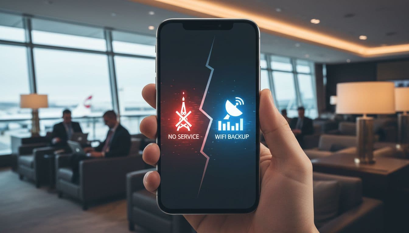 Dramatic photo of split dual cellular signal icon on modern smartphone screen in airport lounge, symbolizing connectivity failure and backup activation with tense preparedness mood.