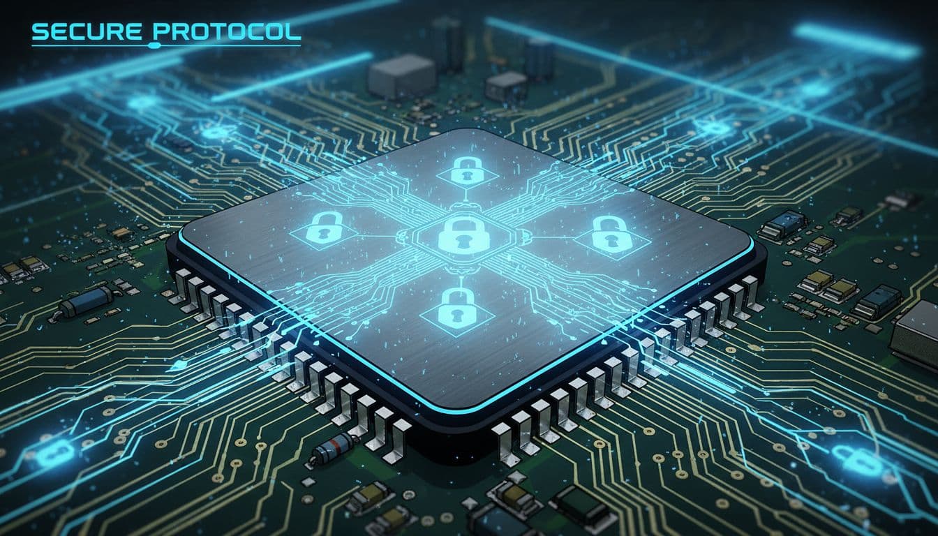 A close-up shot of an embedded secure microchip on a circuit board, overlaid with glowing blue digital lock icons and intricate network pathways, suggesting strong data protection and authentication protocols, in a sharp, high-tech graphic novel style.