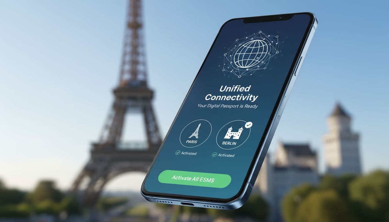 Close-up of a smartphone displaying eSIM activation screen with blurred Eiffel Tower and German castle background, emphasizing unified European connectivity.