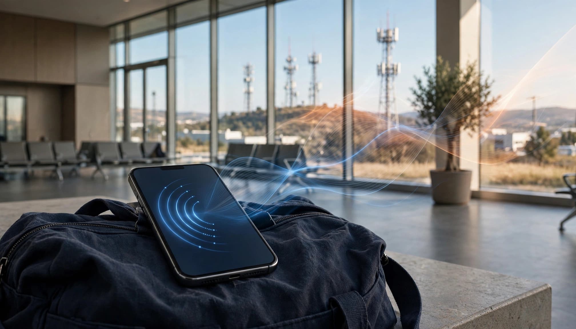 A smartphone shows a cellular signal near a travel bag in an empty airport arrivals area.