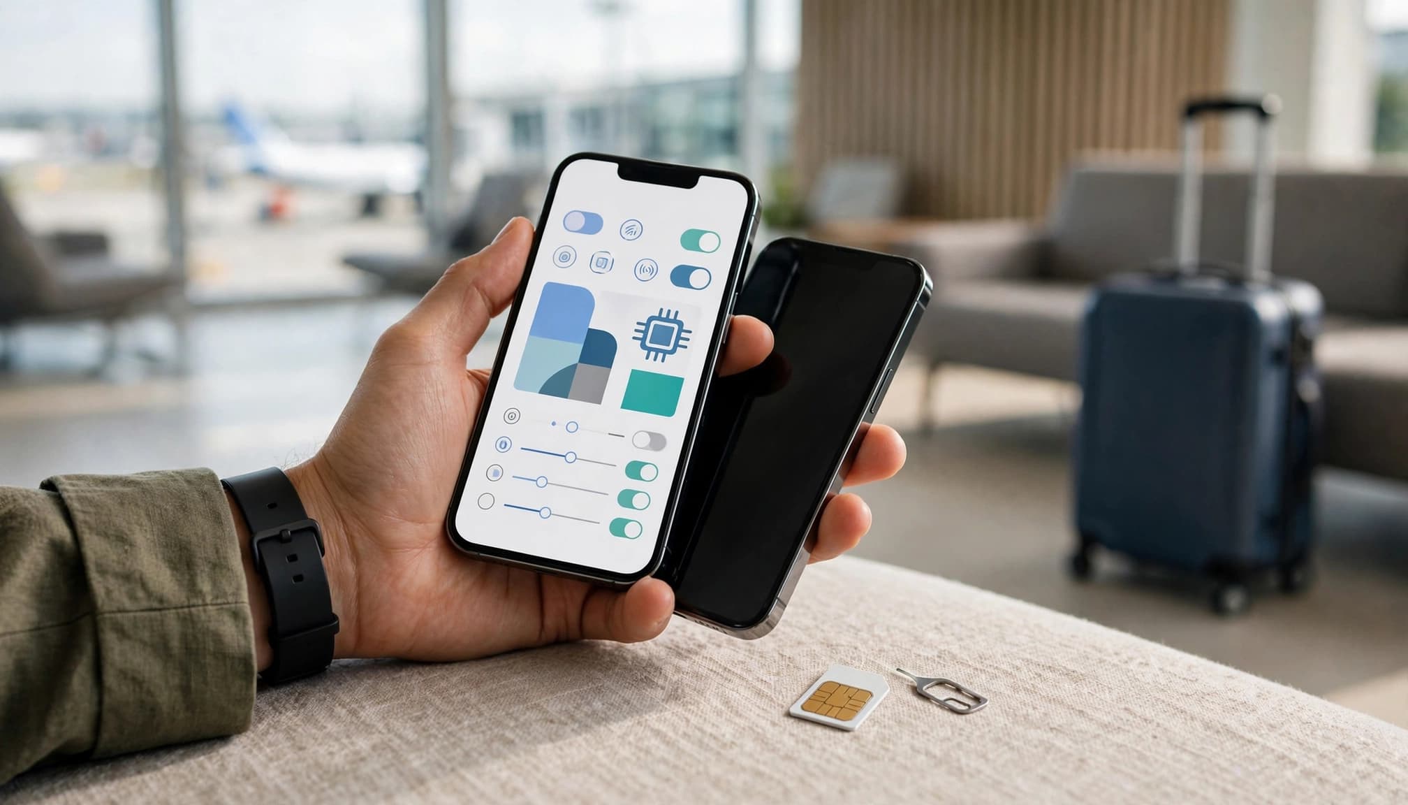 A traveler compares two phones beside a physical SIM and ejector tool in an airport lounge.