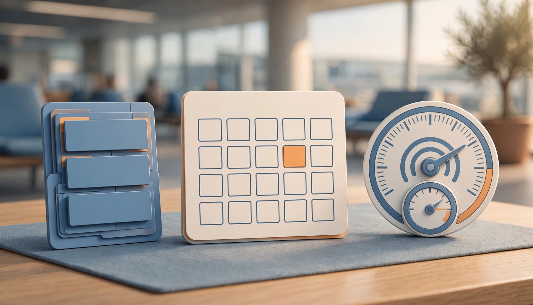 Three travel eSIM pricing symbols arranged on a sunlit airport lounge table.