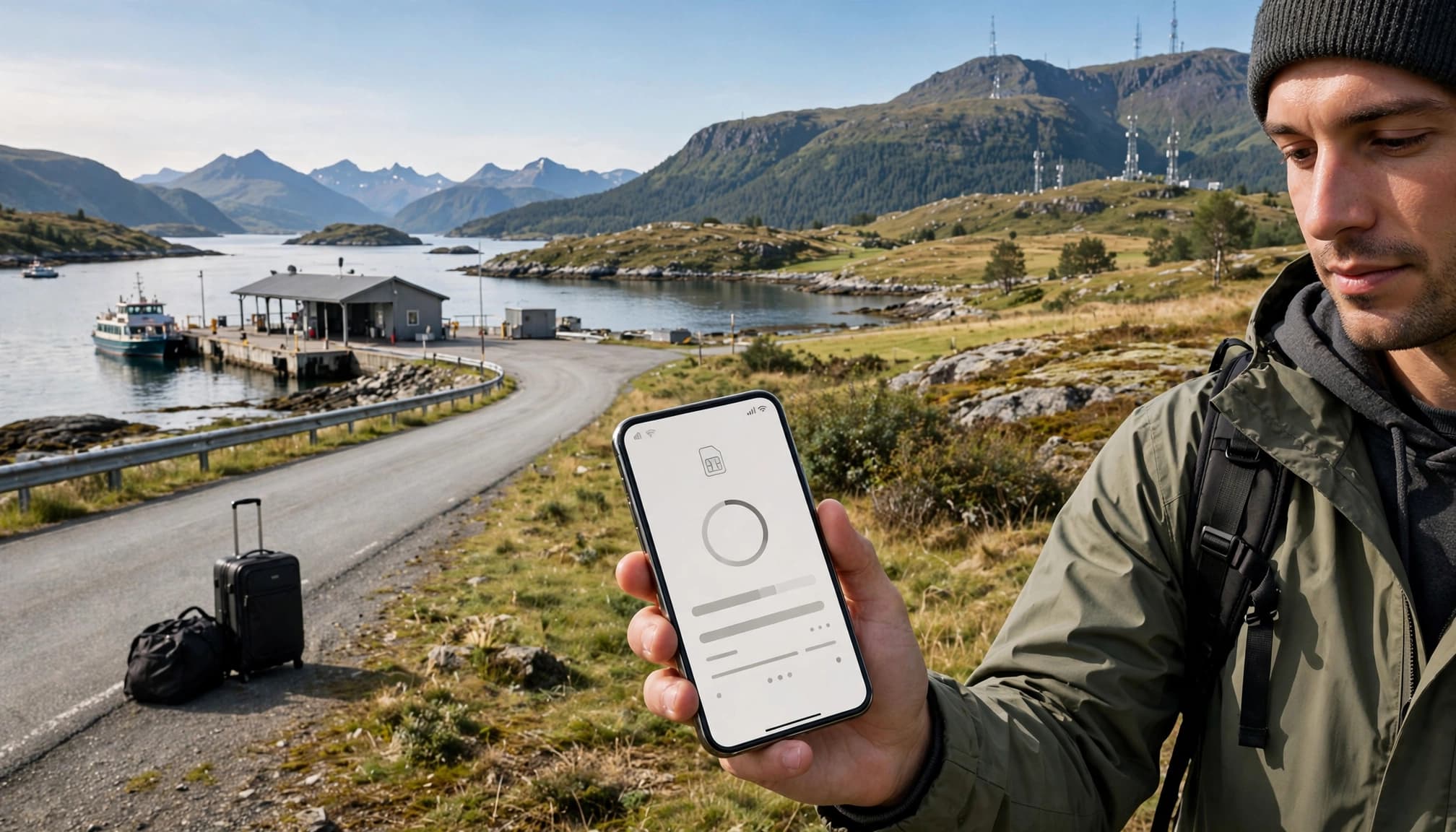 Traveler holding a smartphone near a mountain road and island ferry terminal.
