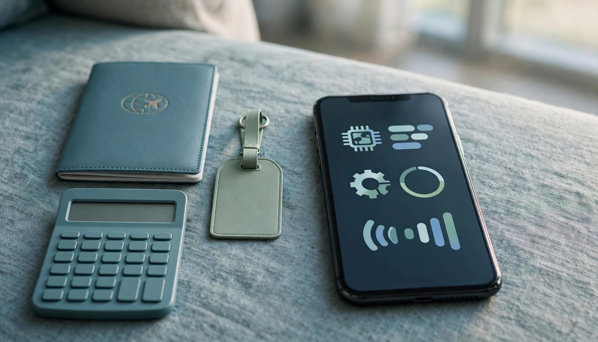 A smartphone beside a passport, luggage tag, and calculator on an airport table.
