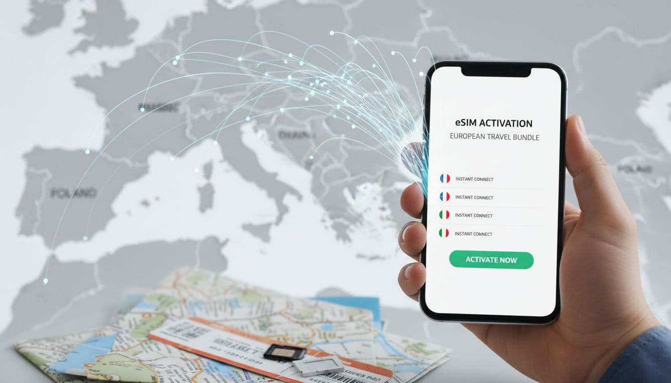 A high-resolution photograph contrasting complex European travel logistics with the simplicity of a digital SIM card activation screen on a modern smartphone, set against a blurred map of European countries connected by data lines.