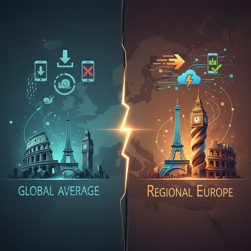 A contrasting visual representing data speed differences between global and regional mobile networks across Europe, with slow lagging icons on one side and fast immediate icons on the other, against European landmarks.