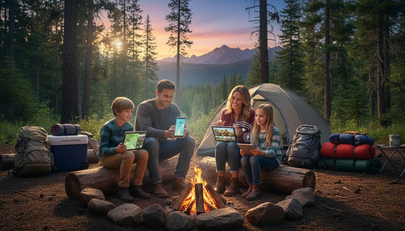 Realistic photograph of a family of four enjoying a camping trip in a lush forested campground during golden hour sunset, sitting around a crackling campfire while using Samsung Galaxy smartphones for navigation and photo sharing via hotspot.