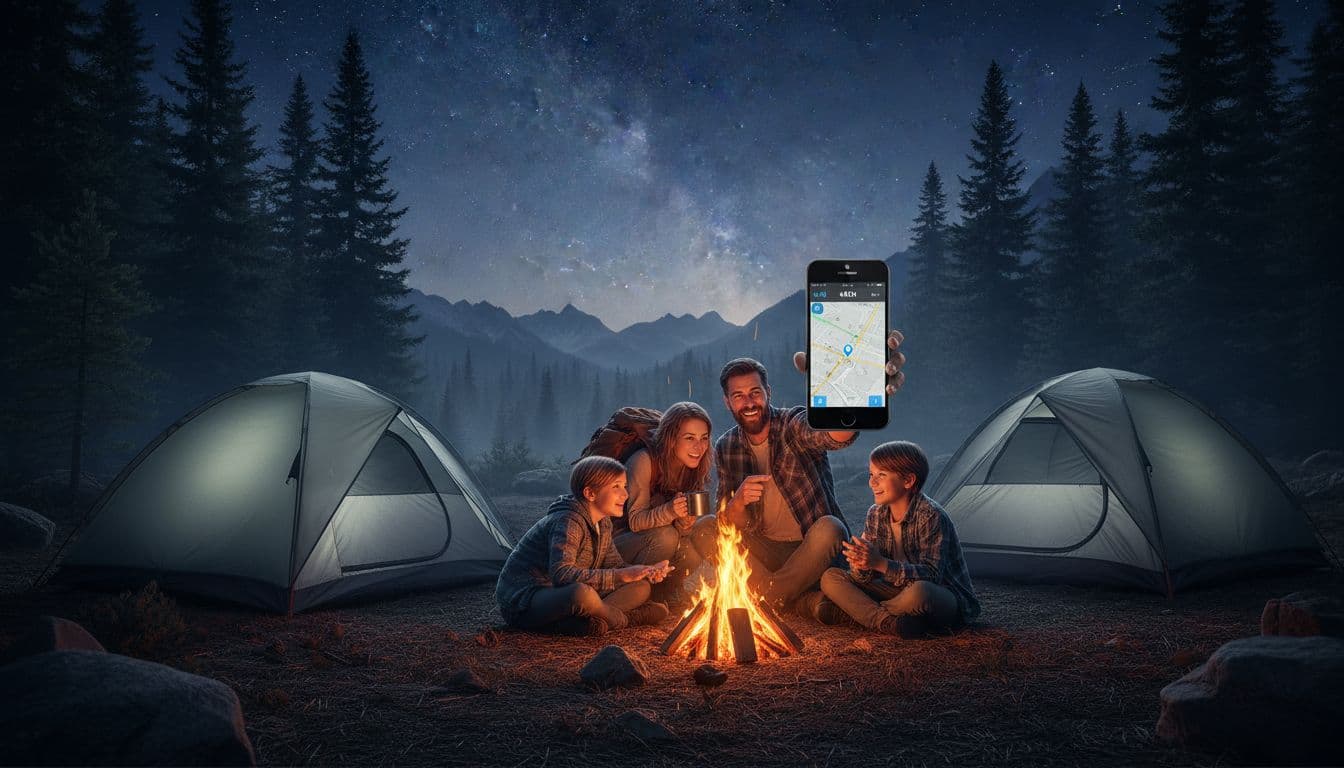 A family camps in a remote forest clearing at dusk around a campfire, with one parent holding an iPhone showing strong signal bars and a map app as they share stories under emerging stars.