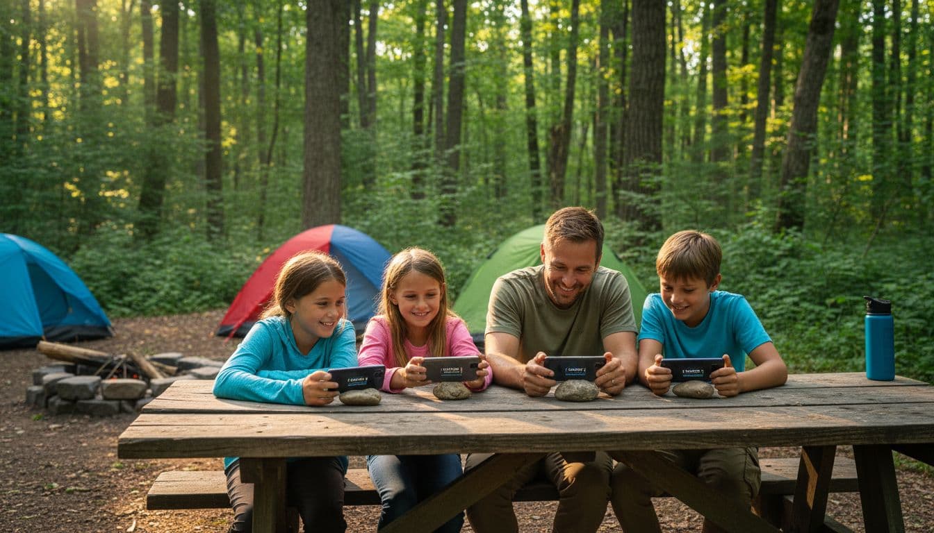 Photorealistic landscape photo of a smiling family of four at a wooded campground picnic table, reviewing eSIM plans on Samsung Galaxy smartphones propped on the table. Lush green forest background with tents, campfire, and warm sunlight filtering through trees.