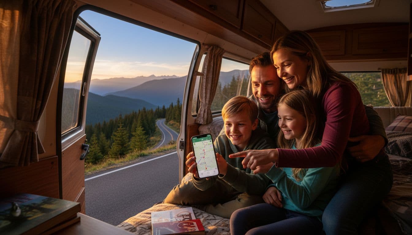 A cheerful family of four huddles inside a cozy campervan parked at a mountain overlook during golden hour sunset, excitedly pointing at a map app on their iPhone, with dramatic forested mountains outside.