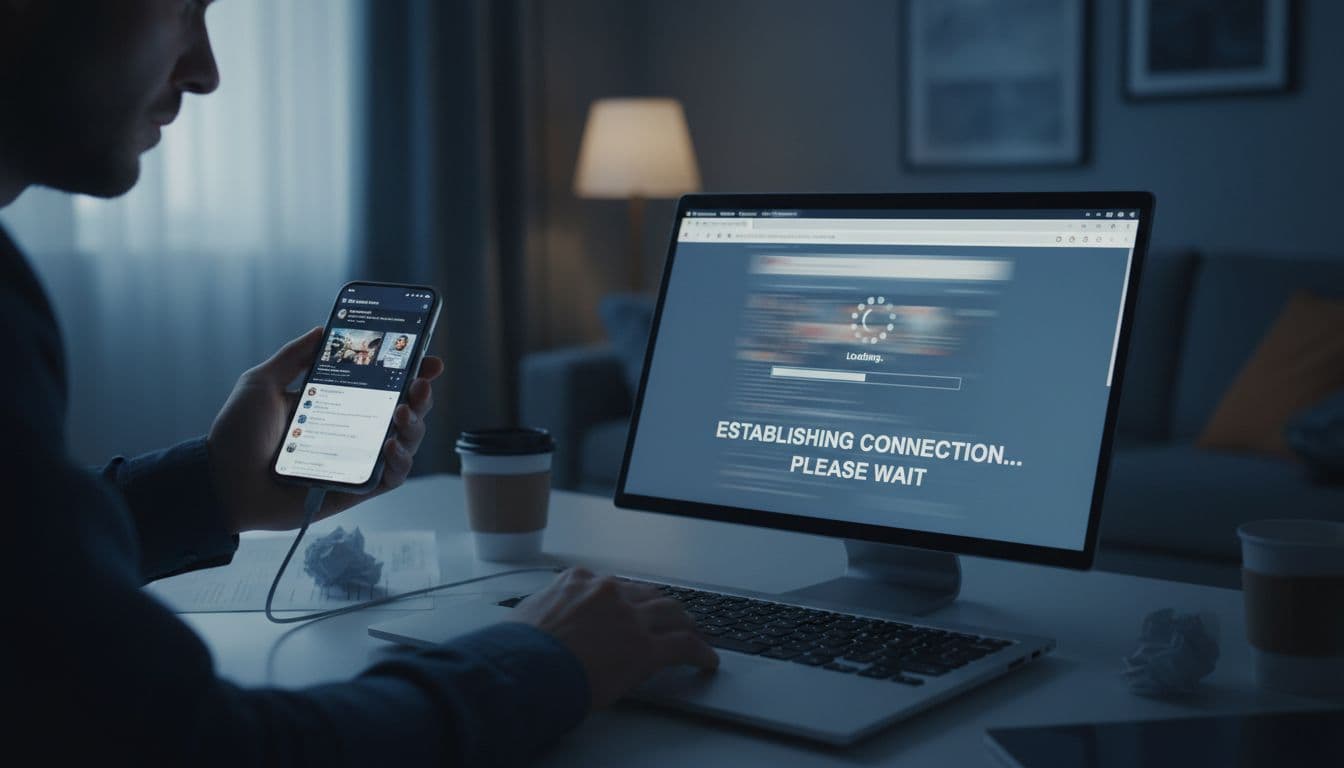 A wide shot showing the frustrating difference between a phone screen with fast data and a laptop screen struggling to load on a weak tethered connection, focusing on the contrast between quick mobile loading and slow desktop feedback, with a muted, slightly anxious mood.
