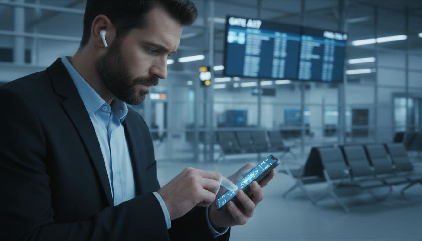 A traveler focused intently on setting up a mobile phone with an intense, concentrated look, implying a quick connection is needed. The background is slightly blurred, perhaps a modern airport gate, bathed in cool, professional lighting, suggesting efficiency and urgency in modern connectivity.