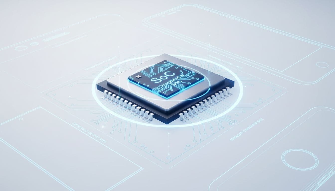 A highly detailed, futuristic illustration of a modern smartphone's internal architecture cross-section, featuring a central SoC chip with SIM functionality integrated onto the silicon and highlighted by glowing blue energy pathways. The clean, open surrounding space emphasizes efficiency and compactness.