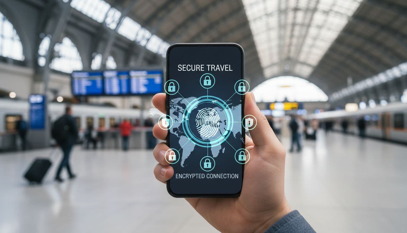 A close-up of a hand securely holding a modern smartphone against a blurred backdrop of a busy international train station, with digital security symbols subtly overlayed on the phone screen, conveying a deep sense of digital protection while traveling. The mood is trustworthy and focused.