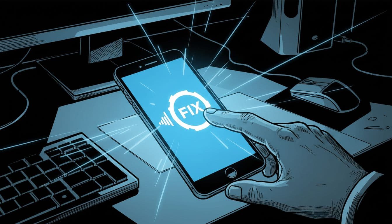 A person's hand interacting with a brightly glowing smartphone screen featuring a prominent 'Fix' button next to a stylized network signal icon, set in a dimly lit modern workspace, evoking instant technical resolution in high-contrast graphic novel style.