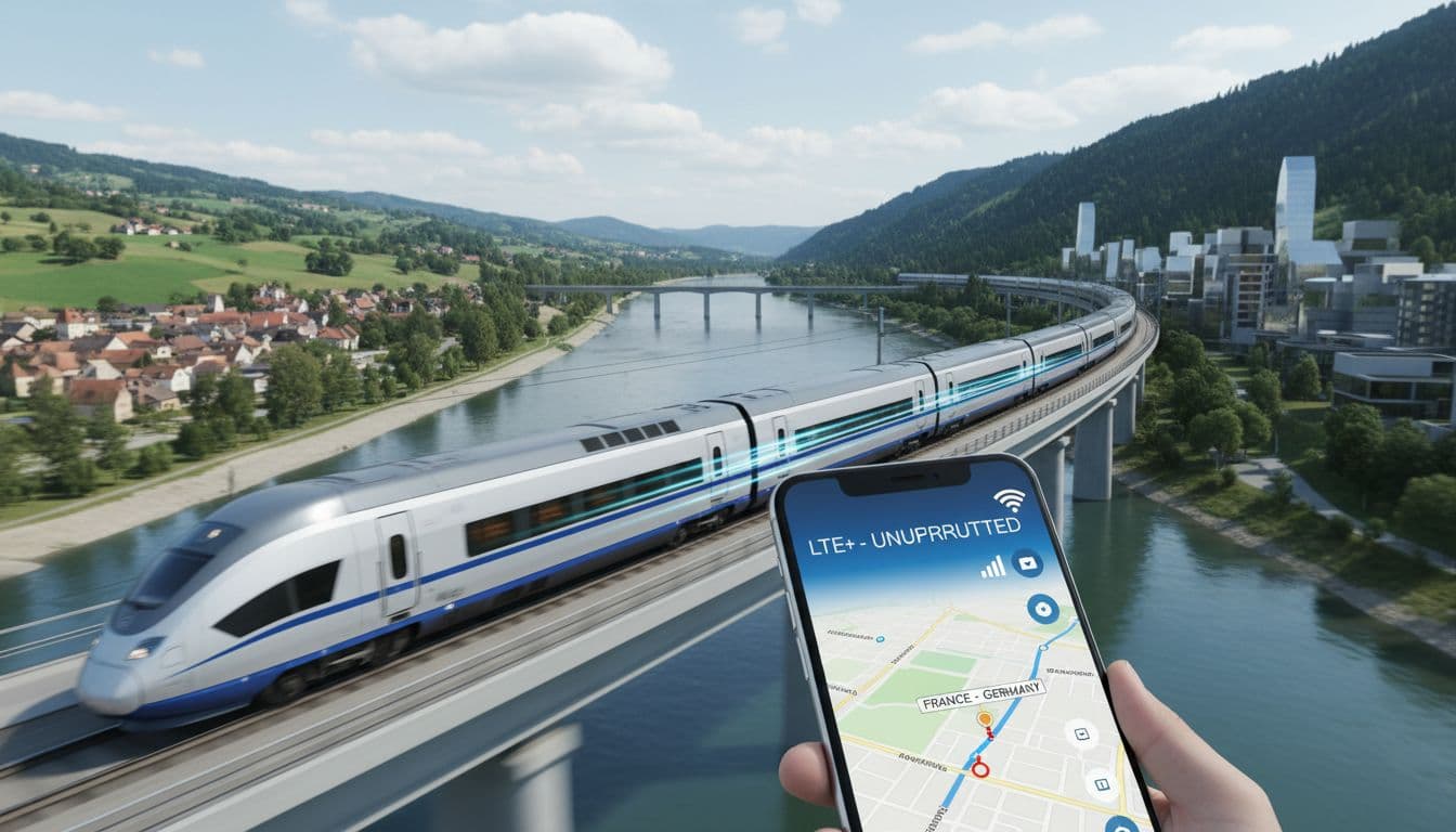 A modern high-speed European train crosses a scenic border without stopping, depicted with a constant strong cellular signal bar for seamless connectivity. Foreground shows a stylized phone screen with clear map and signal strength against blurred countryside transition.