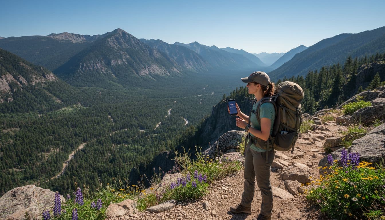 A realistic photograph of a hiker on a rocky trail in a national park, standing with a backpack and checking cell signal on a Samsung Galaxy smartphone while overlooking a vast green valley with pine-covered mountains under a clear blue sky.