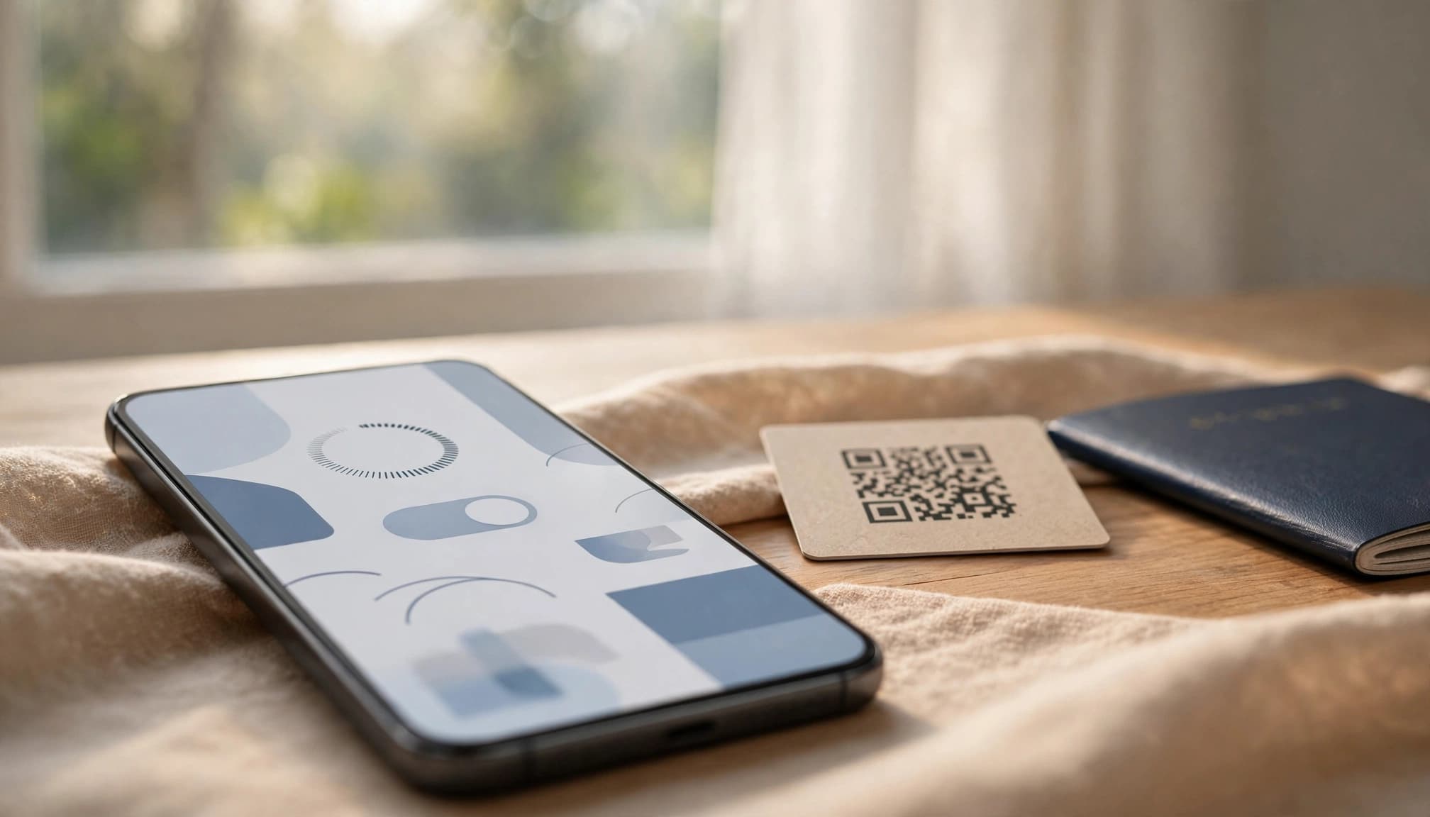 A smartphone, QR card, and passport arranged on a sunny home table.