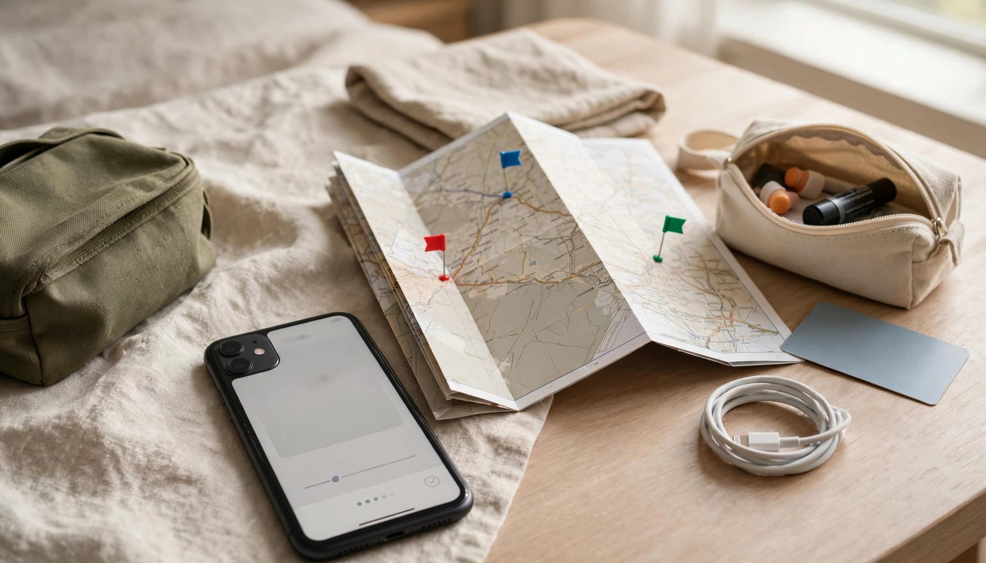 An unlocked phone, folded route map, travel bag, transit card, and charging cable sit on a bright hotel table.