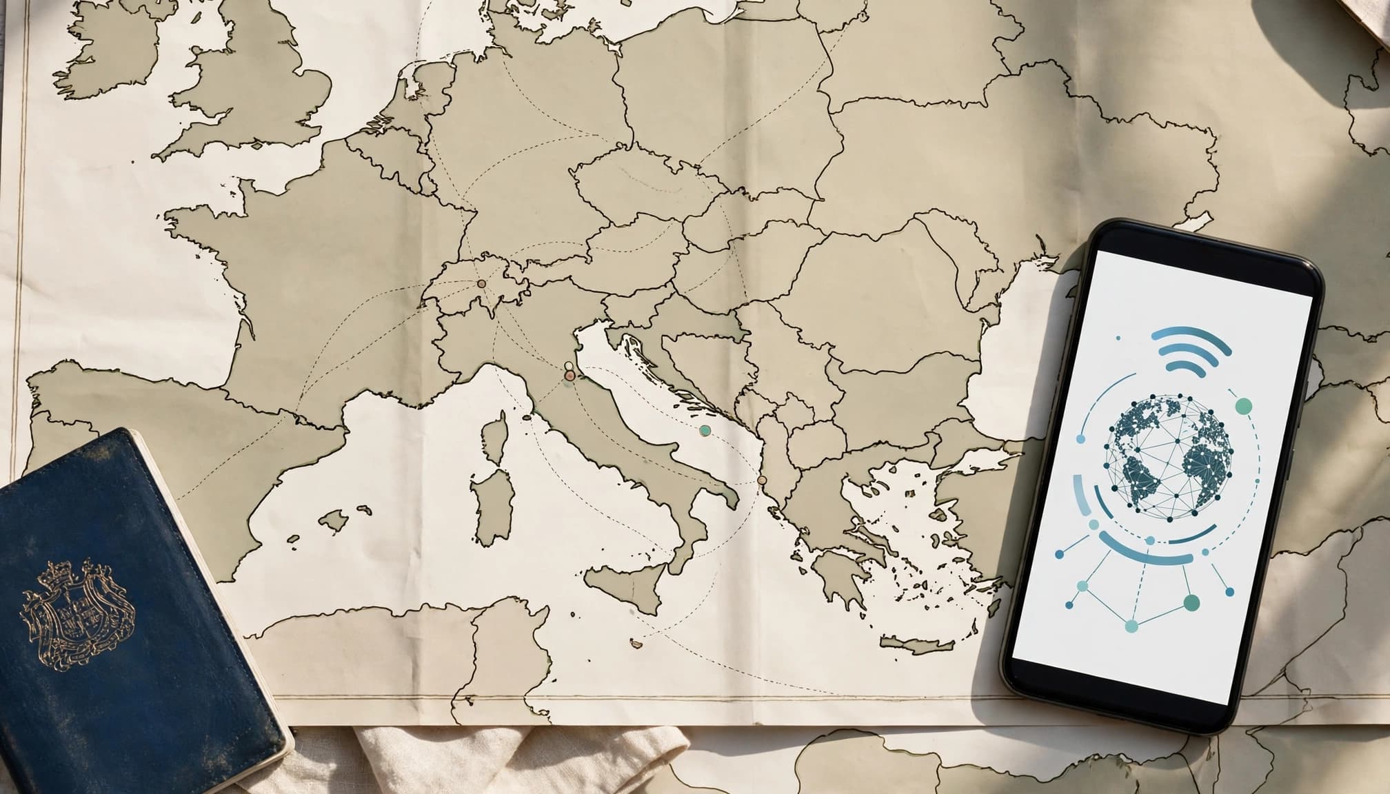 A paper map, passport, and smartphone arranged together in warm daylight.
