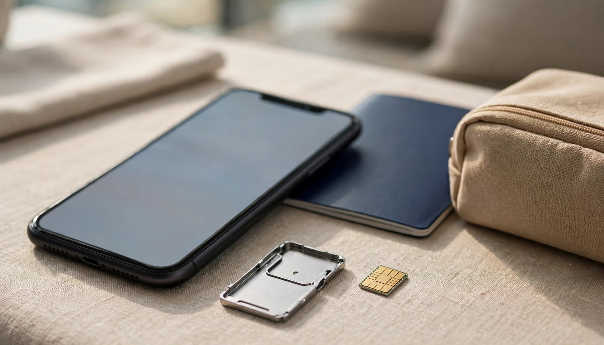 Angled iPhone 11 beside a SIM tray, passport, travel pouch, and small travel eSIM card.