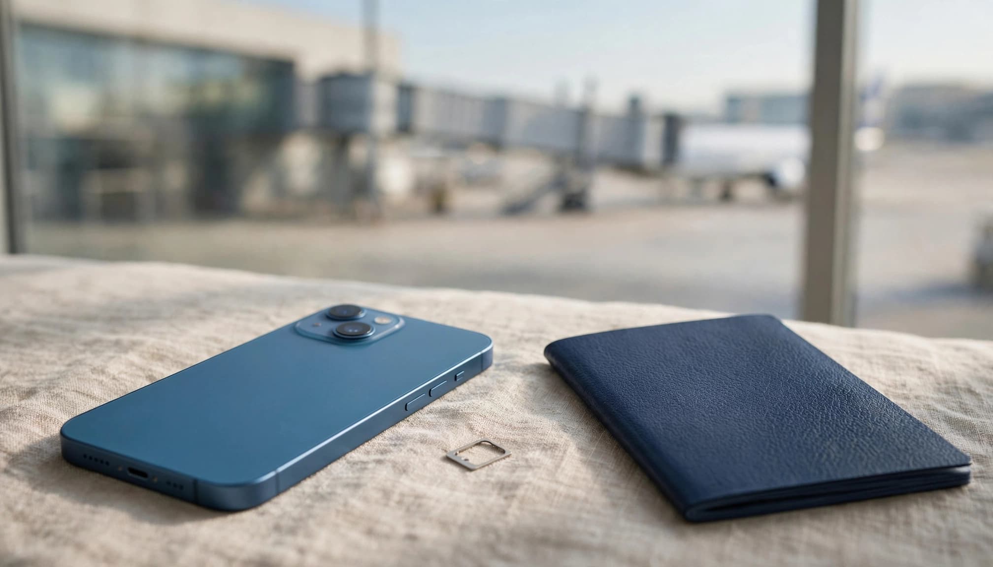 An iPhone 13, SIM tray, and passport sit on a sunlit tabletop.