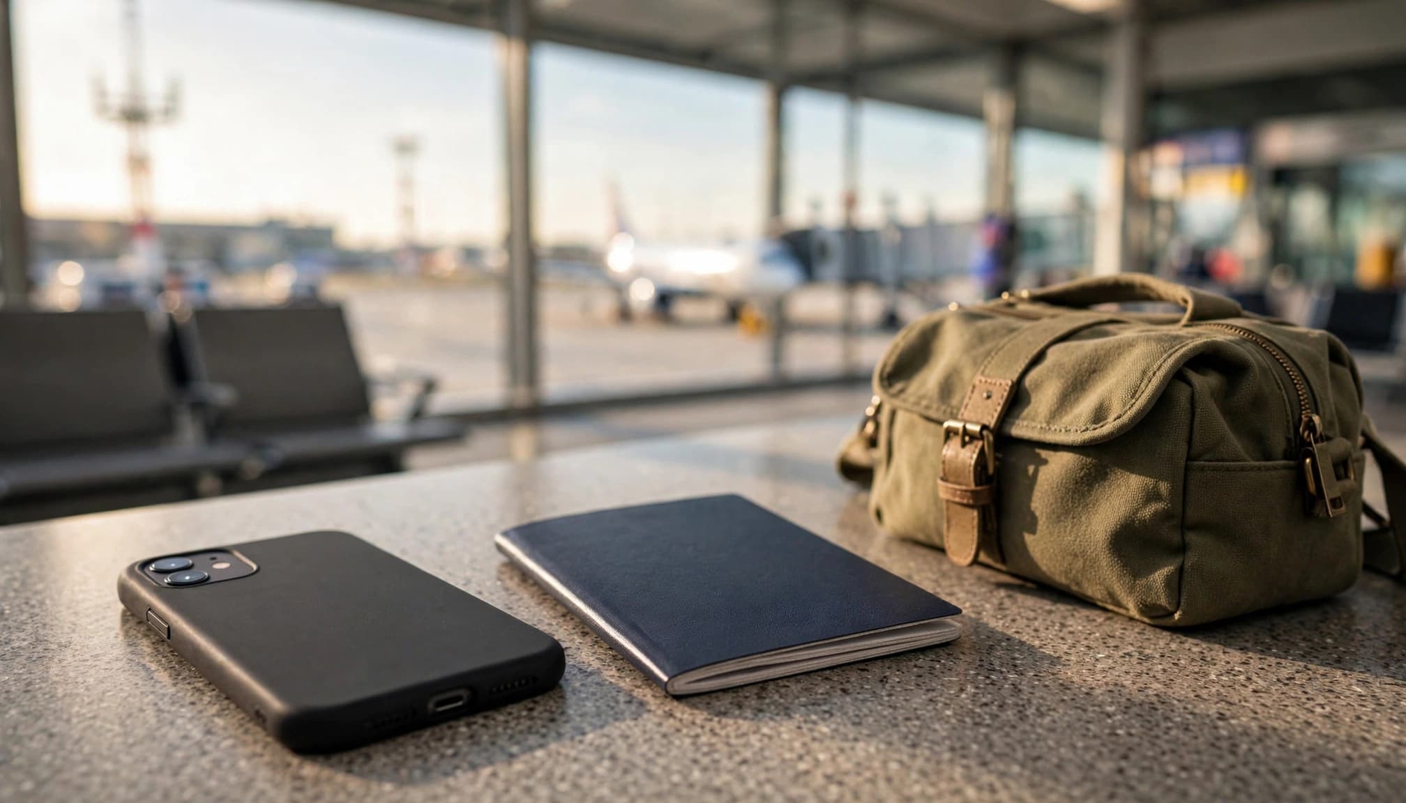 An iPhone 12 beside a passport and compact travel bag at an airport gate.