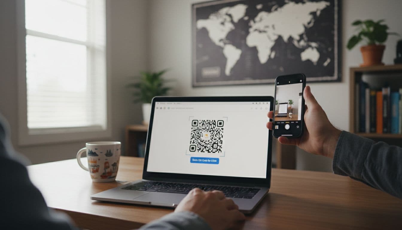 A person in a cozy home office scans a QR code for eSIM activation using their iPhone camera pointed at a laptop screen displaying the QR code clearly, with the iPhone screen showing the scan notification.