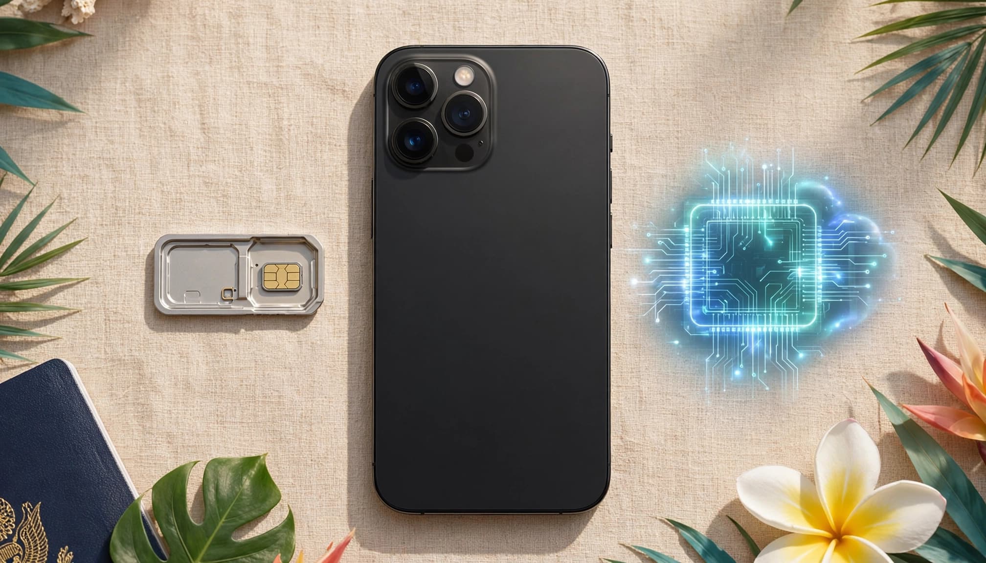 An iPhone beside a nano-SIM tray and glowing eSIM symbol on a travel-planning surface.