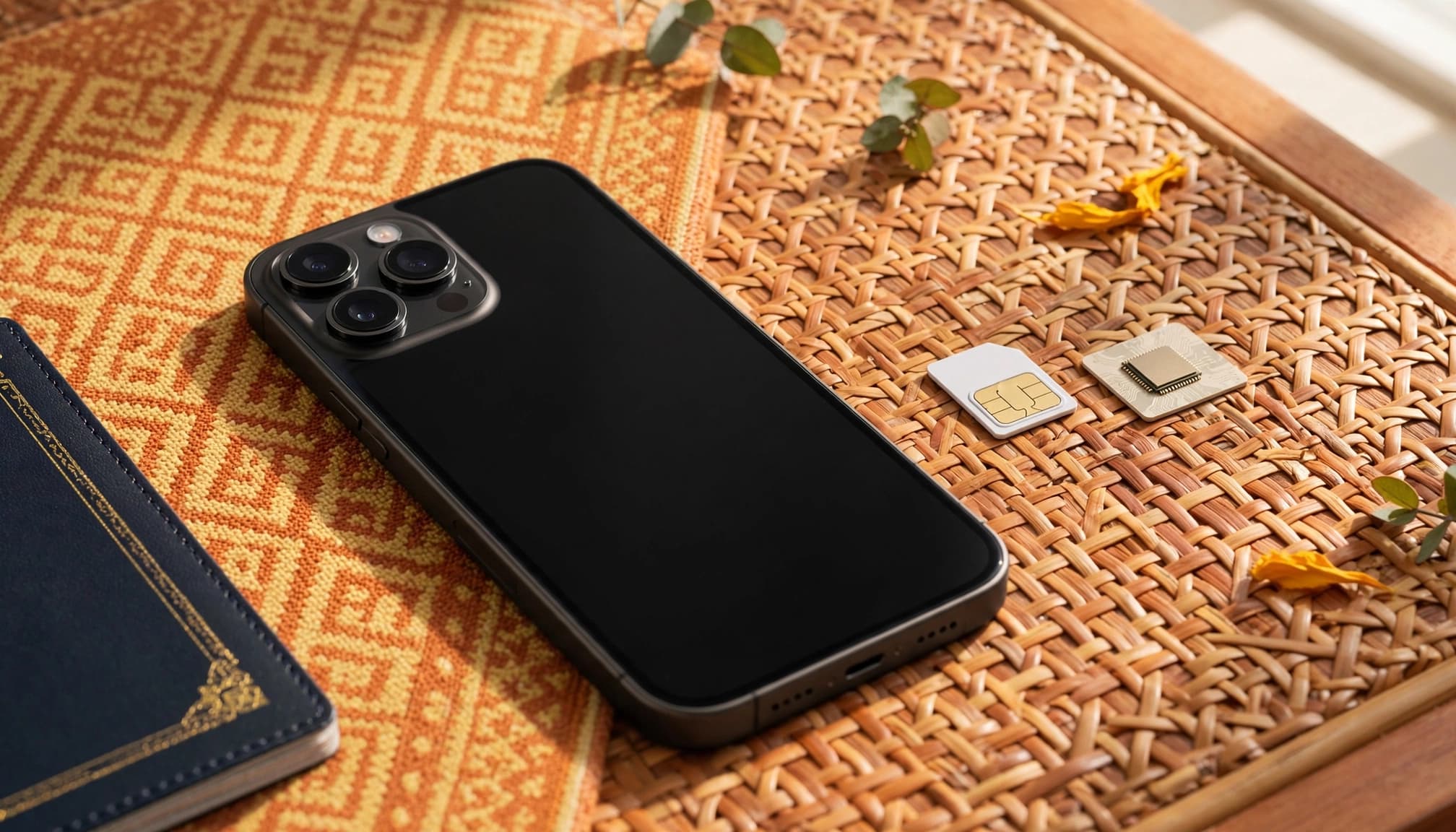An iPhone beside a travel SIM card and passport on a warm-toned surface.