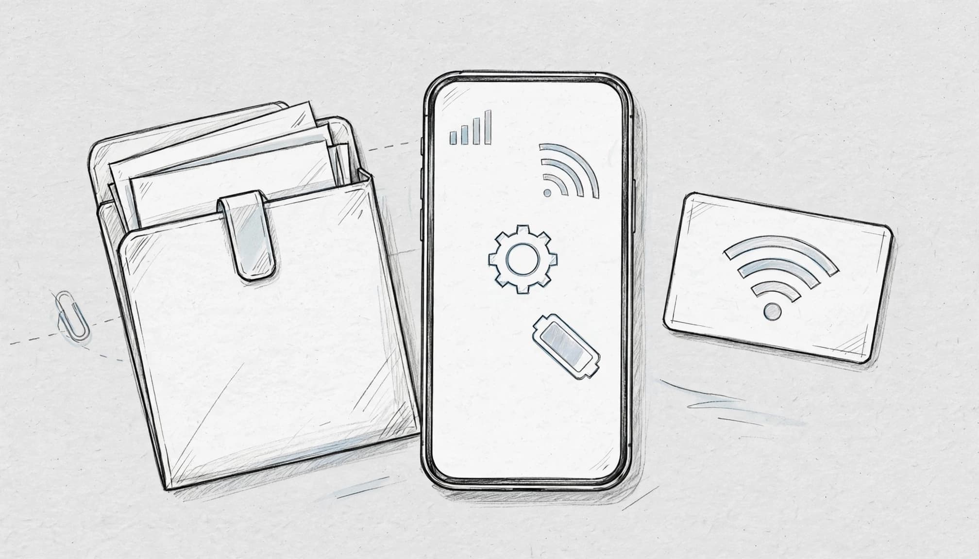A smartphone beside travel documents and a Wi-Fi card on a light background.