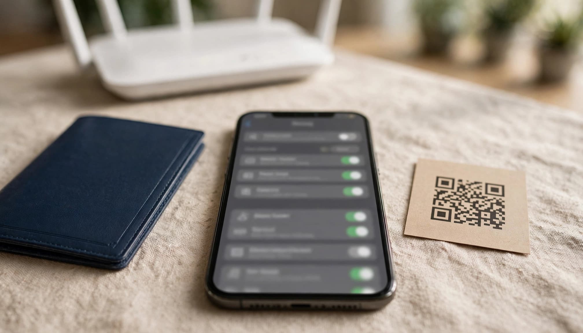An iPhone beside a passport and QR code card on a table near a Wi-Fi router.
