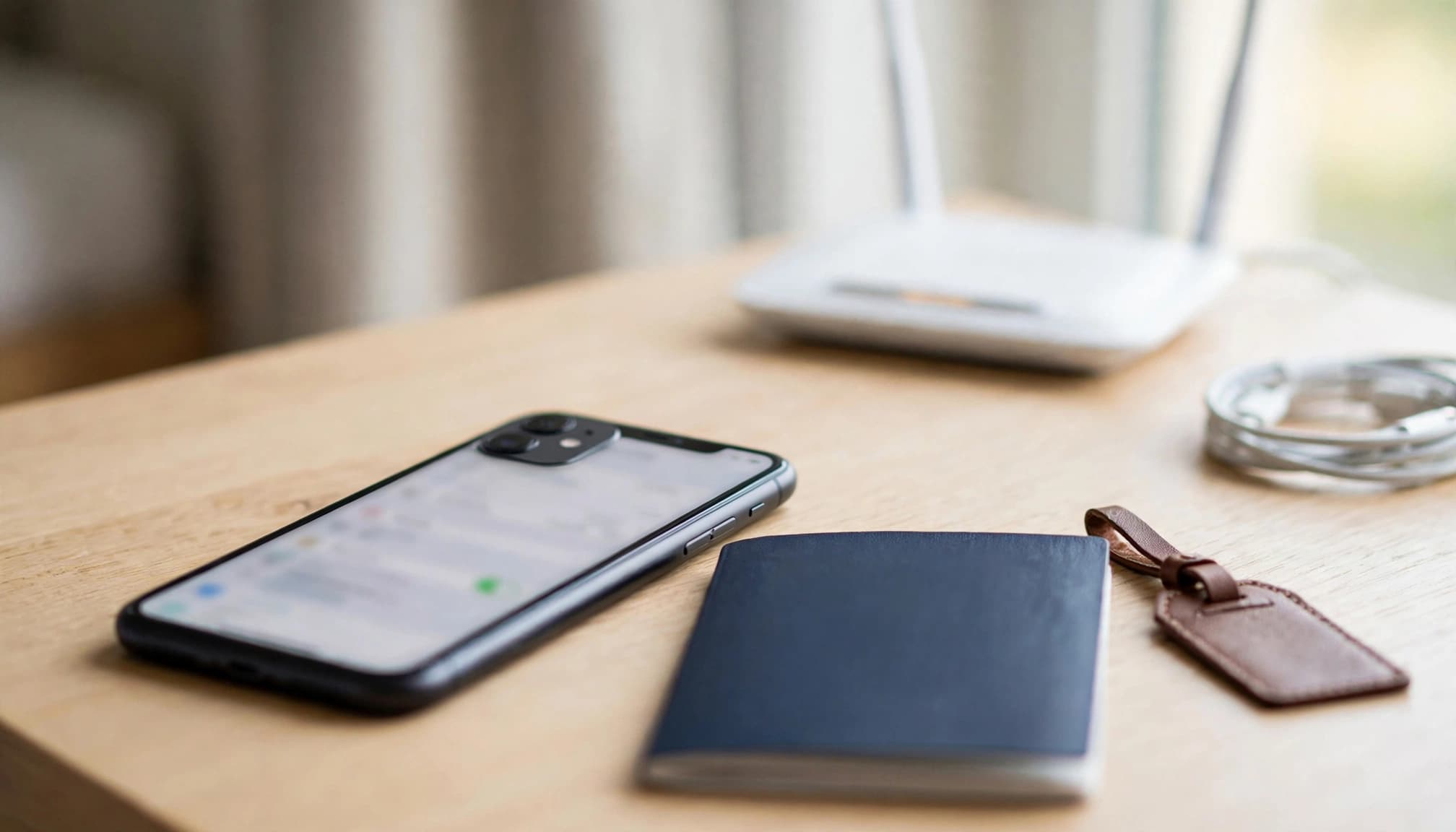 An iPhone beside a passport and luggage tag on a hotel table.