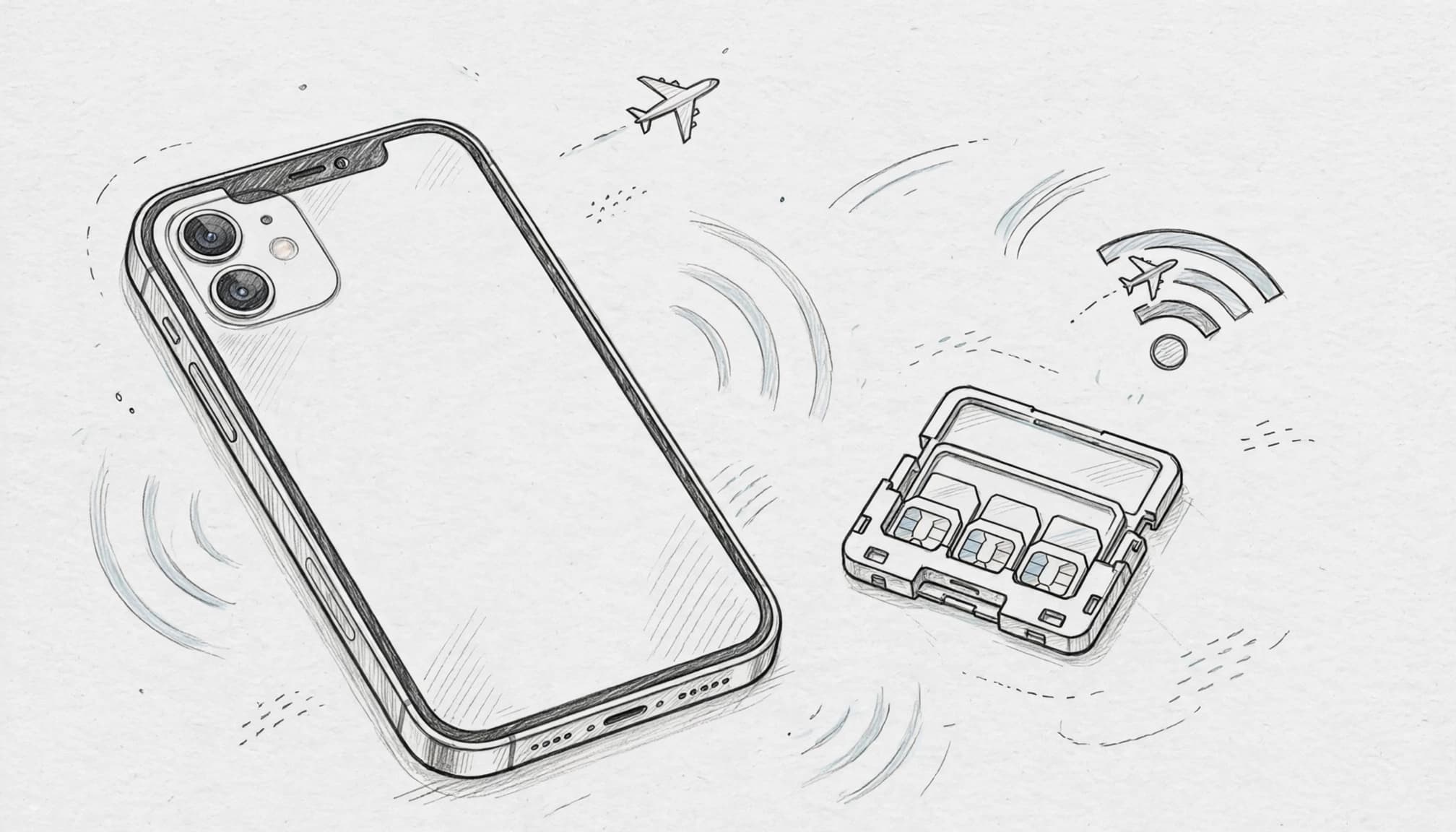 Angled iPhone beside a travel SIM holder and airport Wi-Fi symbol.