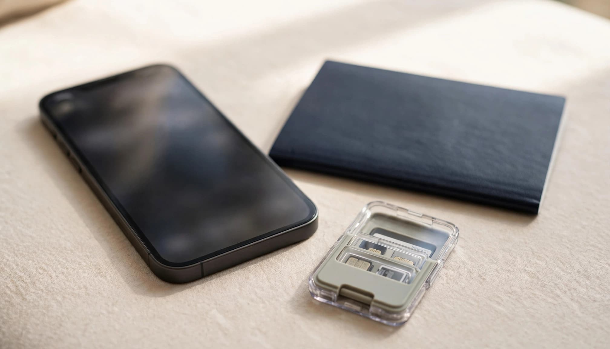 An iPhone, passport, and compact eSIM holder sit on a bright hotel table.