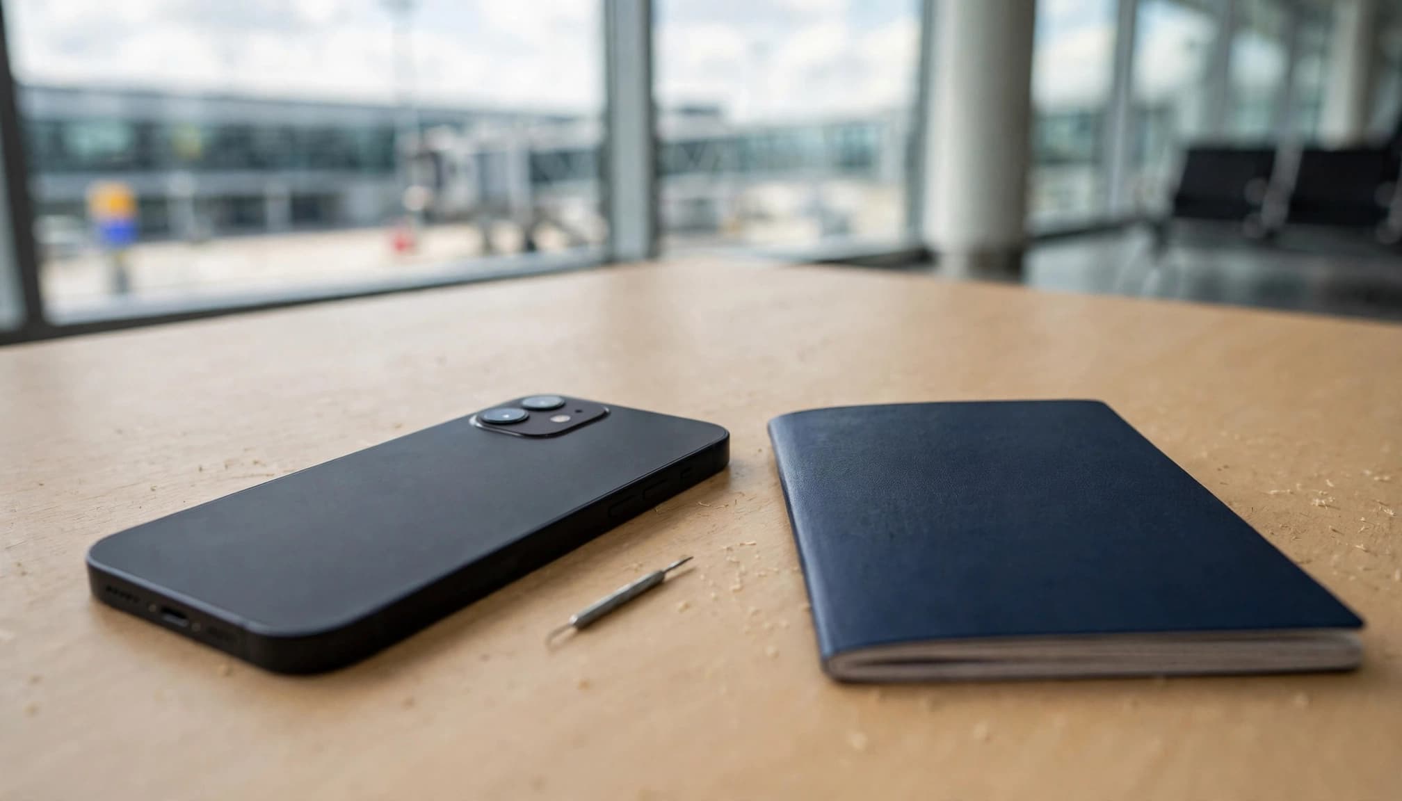 An iPhone, passport, and SIM tool on an airport lounge table.