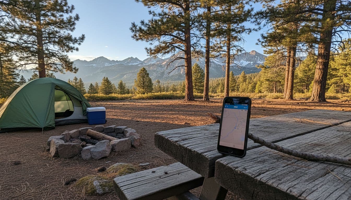 An iPhone propped on a rough wooden picnic table in a forested national park campground at golden hour, with nearby tent, cooler, campfire pit, tall pines, and rugged mountains under a clear blue sky.