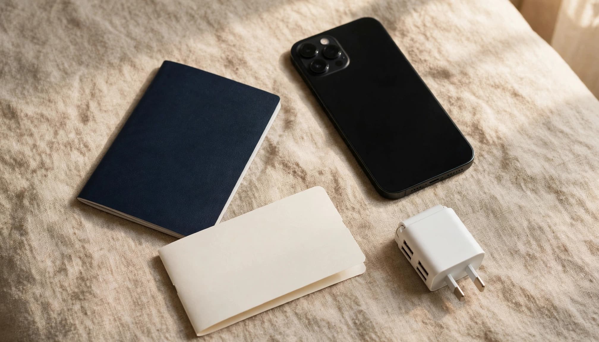 An iPhone, passport, face-down boarding pass, and travel adapter on an entryway table.