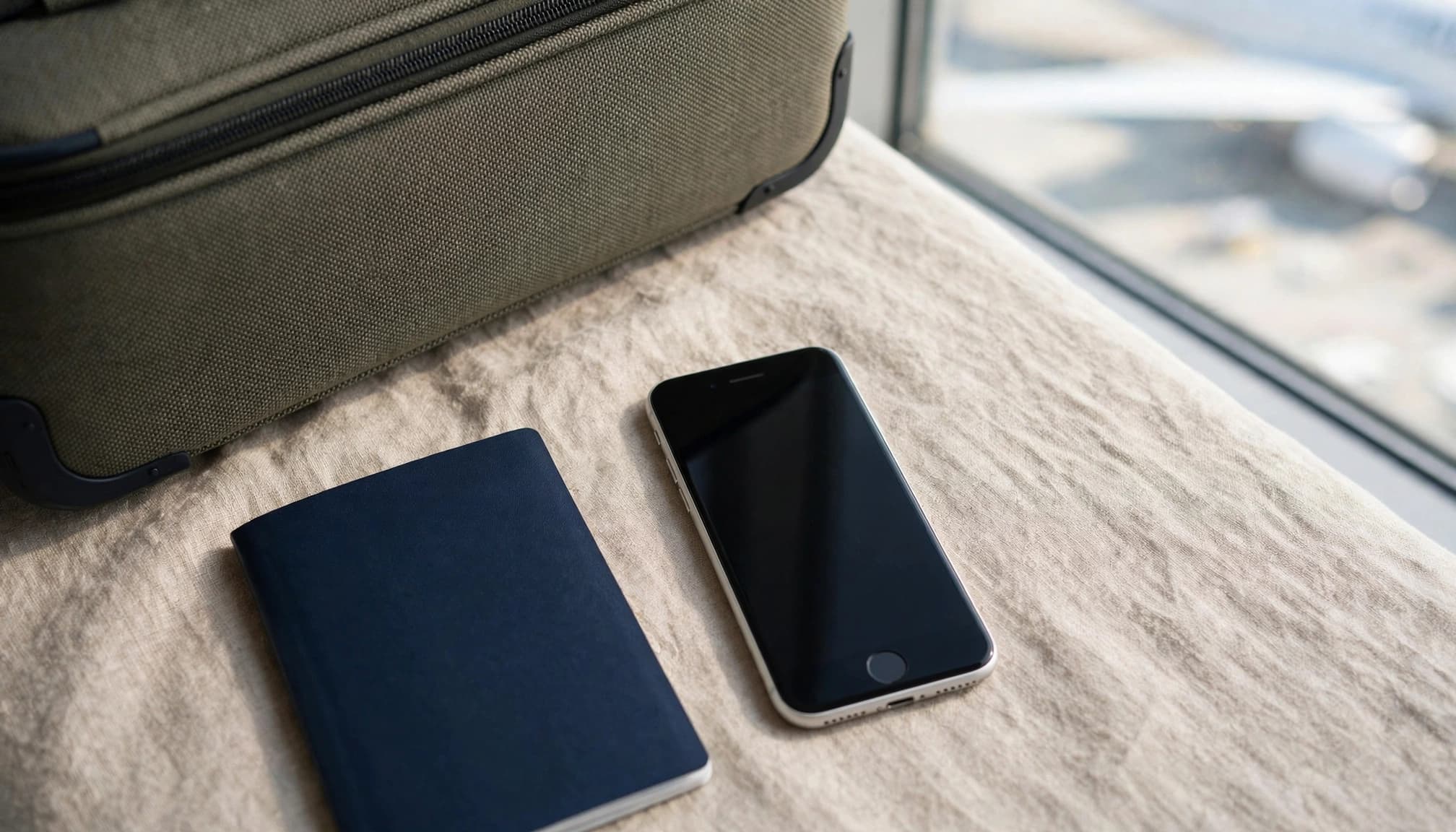 An iPhone SE, passport, and compact carry-on sit beside a bright airport window.