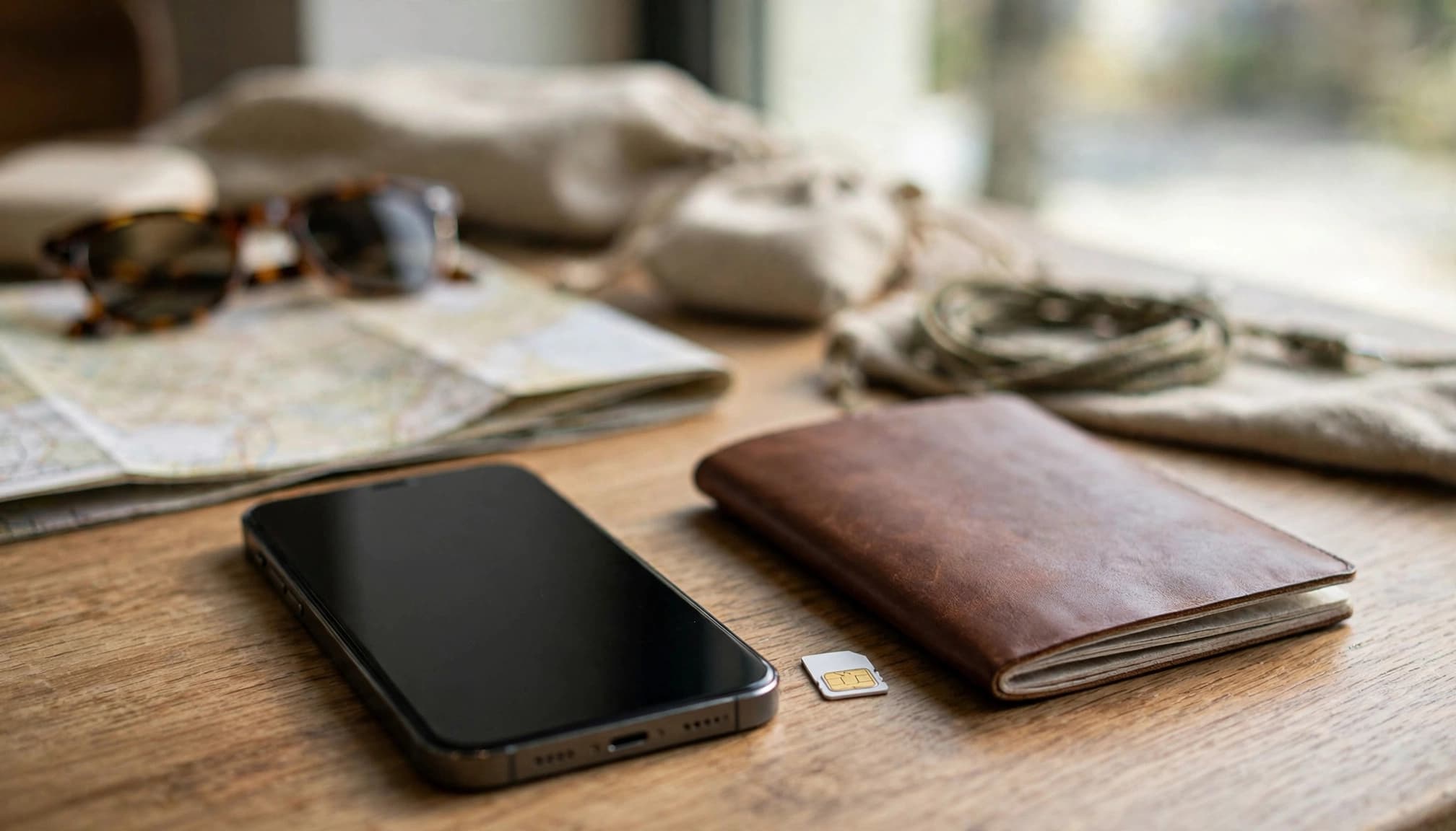 An iPhone, passport, and SIM card sit on a cafe table near a bright window.