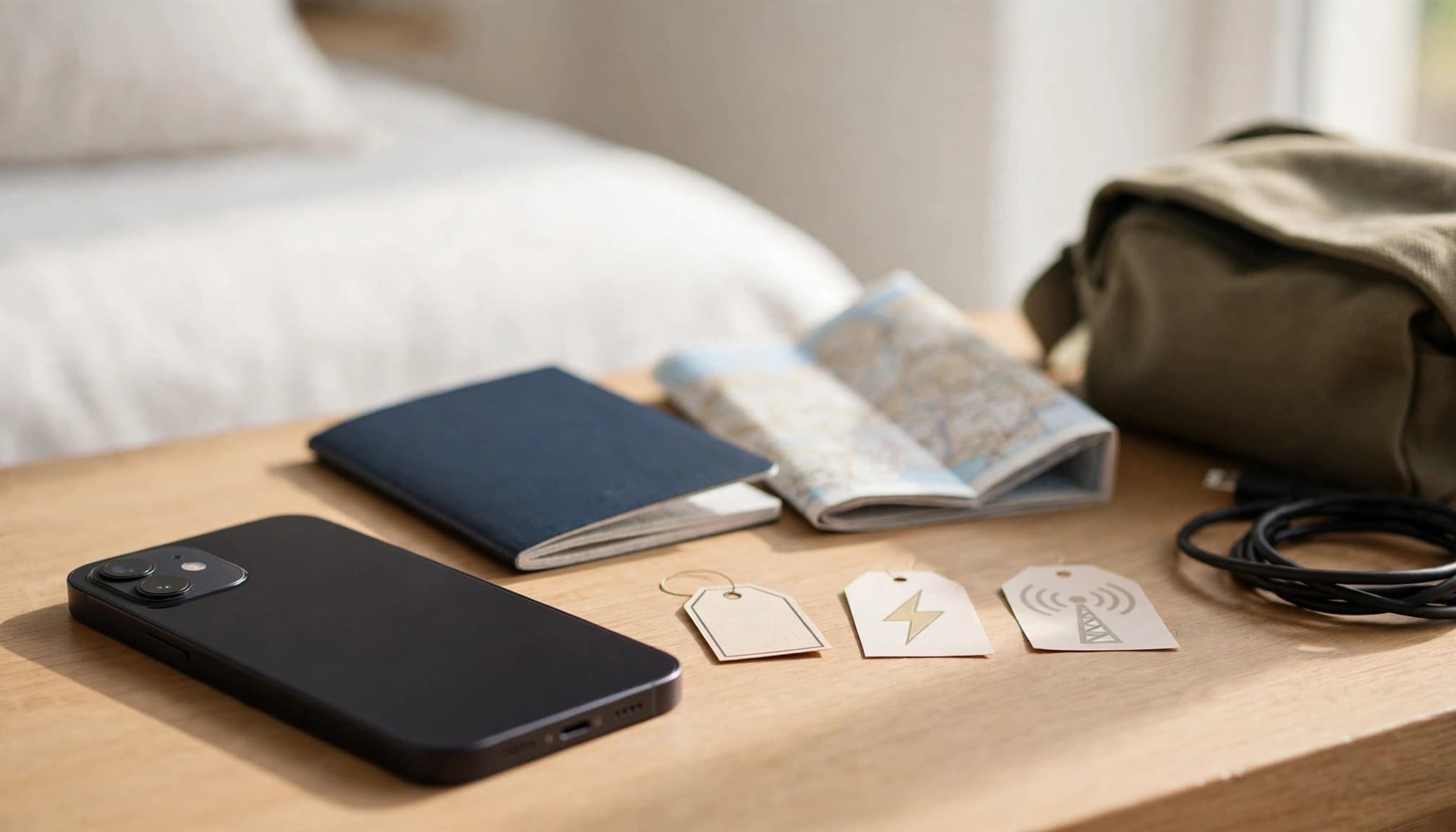 An iPhone beside a passport, travel map, and mobile plan comparison symbols.