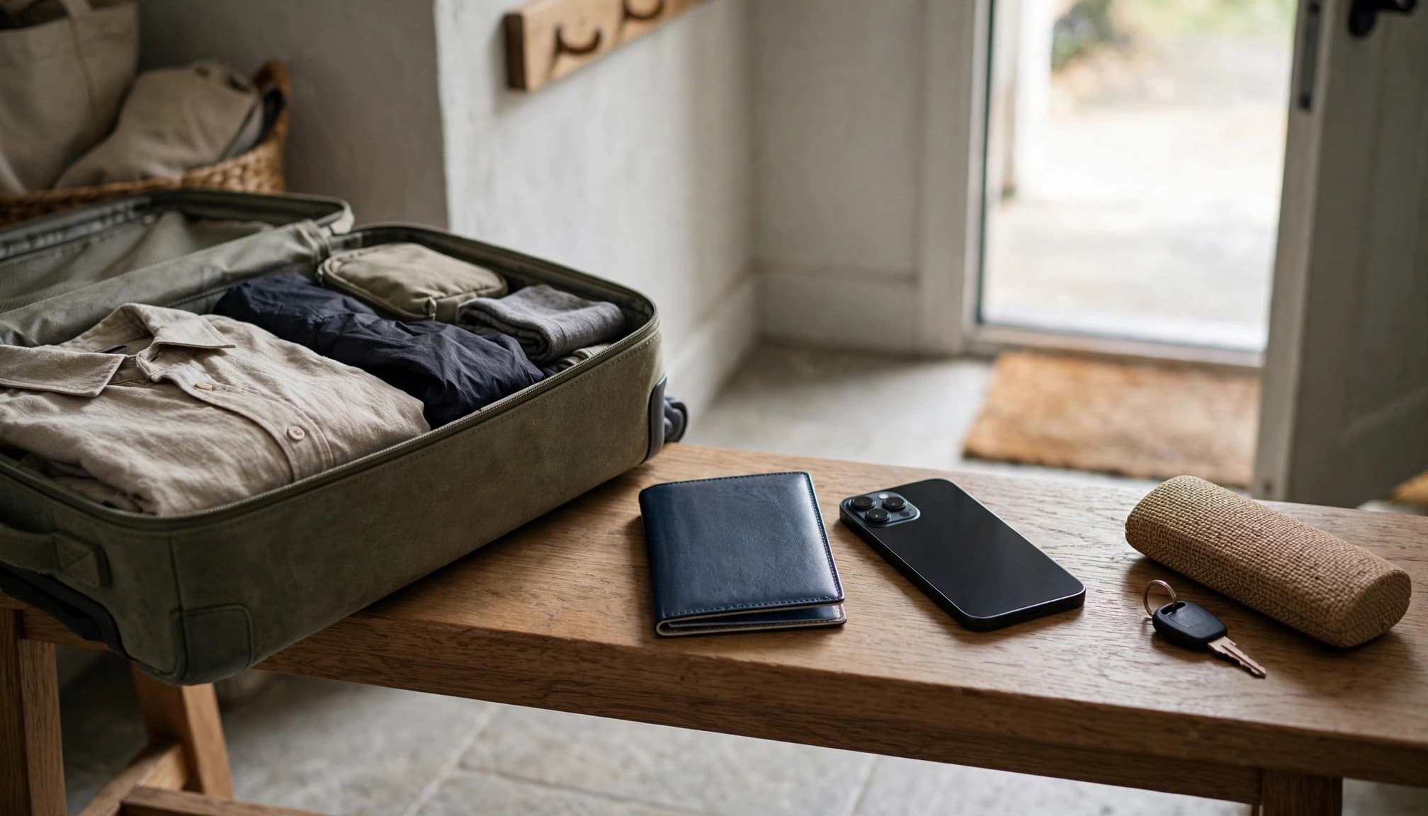 A phone, passport, and suitcase sit together on a sunlit entryway bench.