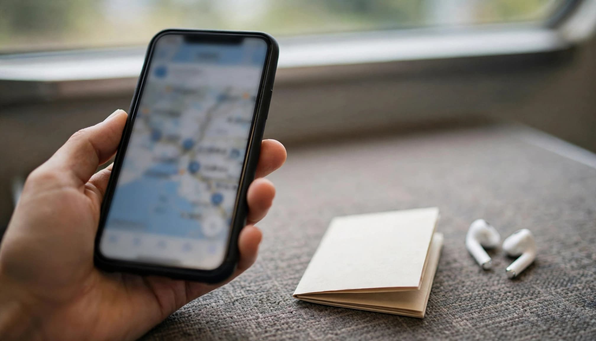 A hand holds a smartphone beside an itinerary and earbuds on a train seat.