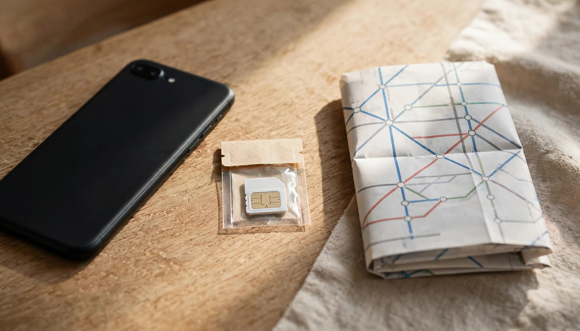 A phone, travel SIM packet, and folded transit map sit on a cafe table.